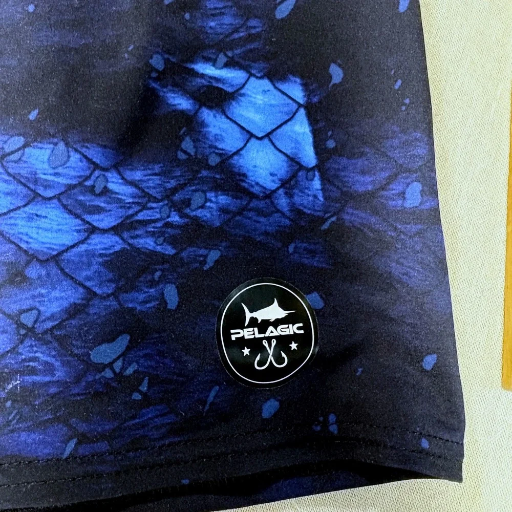 Pelagic Hydro-Lite Blue Fish Scale Board Shorts Mens 34 Fishing Trunks Stretch